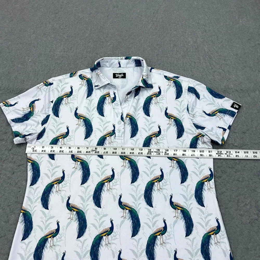 Waggle Polo Shirt Women's XL White Peacocking Bird AOP Golf Athletic Wicking Top - Picture 6 of 9